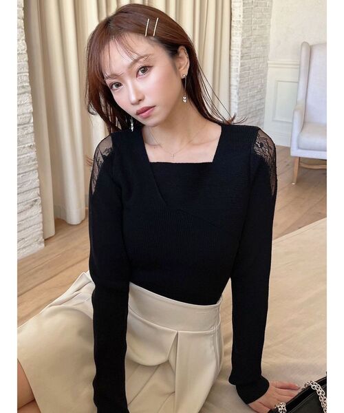 RESEXXY（リゼクシー）の「レースドッキングリブニットトップス（ニット/セーター・レディース・ホワイト/ブラック/ベージュ・FREE）」の6枚目の写真