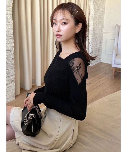 RESEXXY（リゼクシー）の「レースドッキングリブニットトップス（ニット/セーター・レディース・ホワイト/ブラック/ベージュ・FREE）」の10枚目の写真