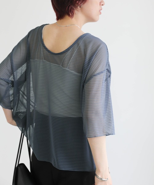 select MOCA（セレクトモカ）の「オープンネックシアーボーダートップス（Tシャツ/カットソー・レディース・アイボリー/グレー/ブラック・FREE）」の3枚目の写真