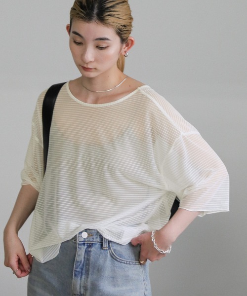 select MOCA（セレクトモカ）の「オープンネックシアーボーダートップス（Tシャツ/カットソー・レディース・アイボリー/グレー/ブラック・FREE）」の12枚目の写真