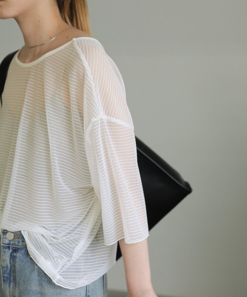 select MOCA（セレクトモカ）の「オープンネックシアーボーダートップス（Tシャツ/カットソー・レディース・アイボリー/グレー/ブラック・FREE）」の14枚目の写真