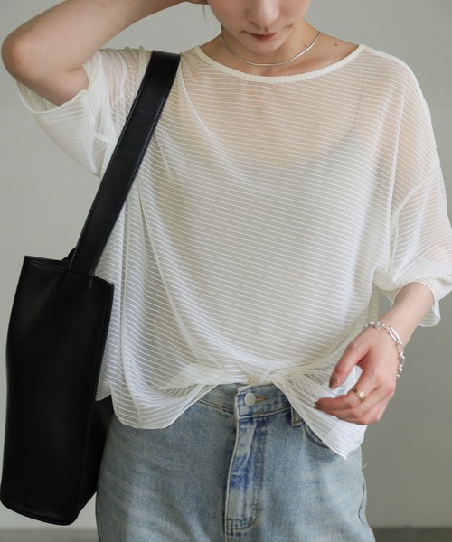 select MOCA（セレクトモカ）の「オープンネックシアーボーダートップス（Tシャツ/カットソー・レディース・アイボリー/グレー/ブラック・FREE）」の9枚目の写真