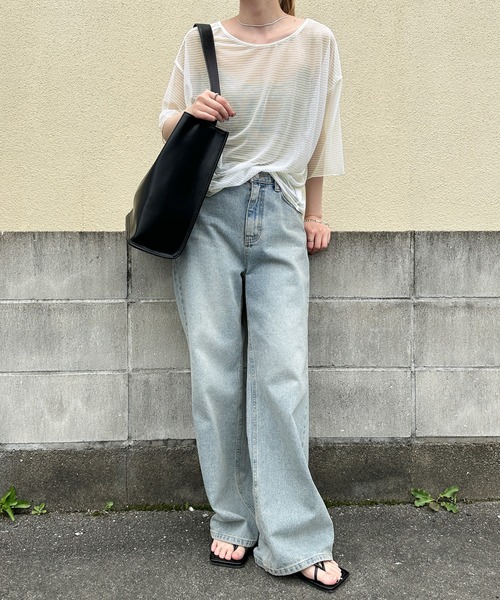 select MOCA（セレクトモカ）の「オープンネックシアーボーダートップス（Tシャツ/カットソー・レディース・アイボリー/グレー/ブラック・FREE）」の4枚目の写真