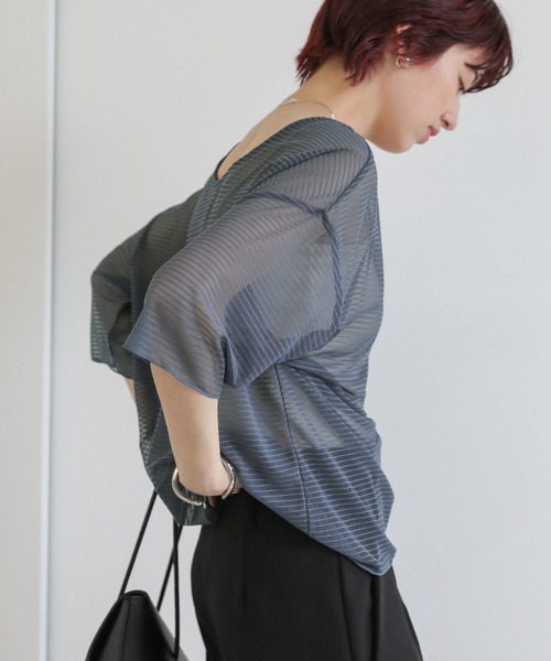 select MOCA（セレクトモカ）の「オープンネックシアーボーダートップス（Tシャツ/カットソー・レディース・アイボリー/グレー/ブラック・FREE）」の21枚目の写真