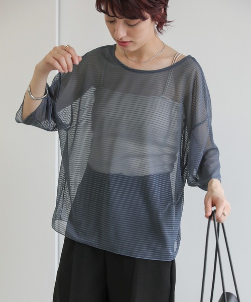 select MOCA（セレクトモカ）の「オープンネックシアーボーダートップス（Tシャツ/カットソー・レディース・アイボリー/グレー/ブラック・FREE）」の16枚目の写真