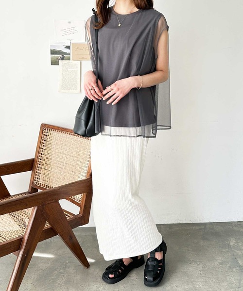 GeeRA（ジーラ）の「チュールレイヤードフレンチスリーブカットソー（Tシャツ/カットソー・レディース・オフホワイト/チャコール/ブラック・MEDIUM/LARGE）」の11枚目の写真