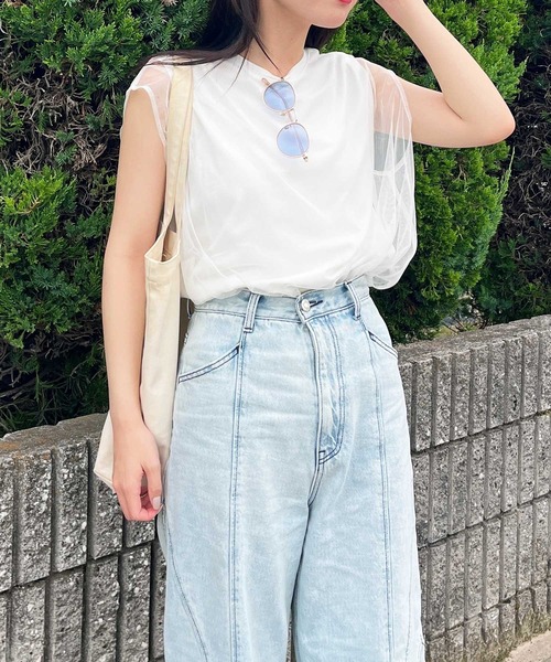 GeeRA（ジーラ）の「チュールレイヤードフレンチスリーブカットソー（Tシャツ/カットソー・レディース・オフホワイト/チャコール/ブラック・MEDIUM/LARGE）」の18枚目の写真