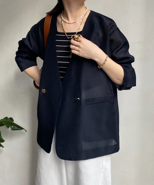 DouDou（ドゥドゥ）の「オーガンジーノーカラージャケット（ノーカラージャケット・レディース・ネイビー/ベージュ/ブラック・FREE）」の10枚目の写真