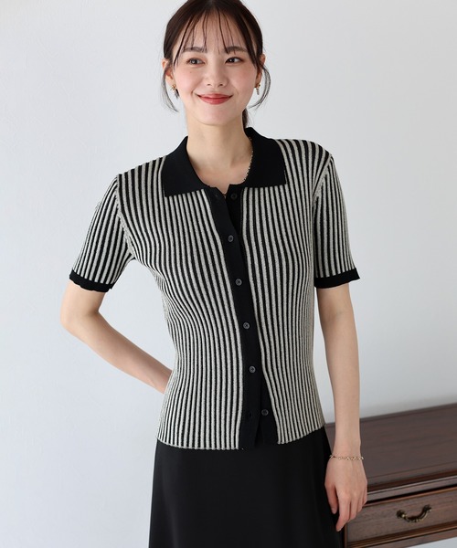 BLUEEAST（ブルーイースト）の「バイカラーポロ襟リブカーディガン（カーディガン/ボレロ・レディース・ブラック系/ブラック/アイボリー/ブルー系/ネイビー/ブラウン系/ピンク/ミント・MEDIUM）」の3枚目の写真