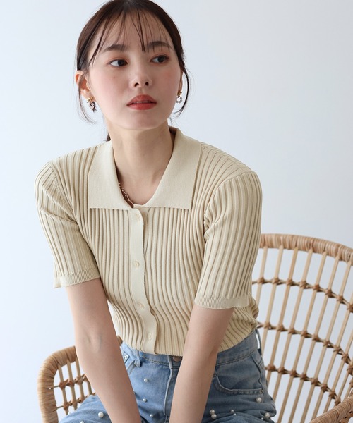 BLUEEAST（ブルーイースト）の「バイカラーポロ襟リブカーディガン（カーディガン/ボレロ・レディース・ブラック系/ブラック/アイボリー/ブルー系/ネイビー/ブラウン系/ピンク/ミント・MEDIUM）」の2枚目の写真