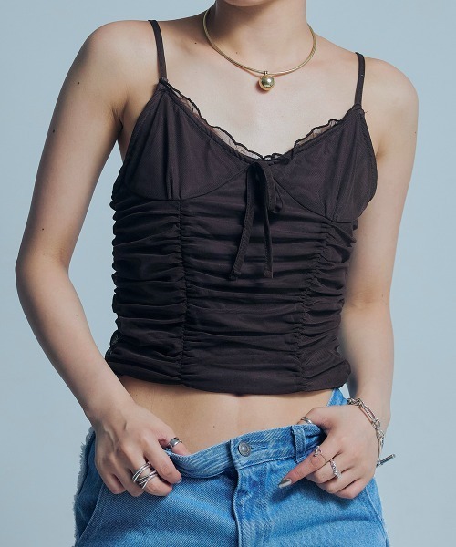 led.tokyo（レッドトウキョウ）の「【led.tokyo】リボンギャザーキャミトップス（Tシャツ/カットソー・レディース・ブラック/ホワイト/ブラウン/パープル・FREE）」の4枚目の写真