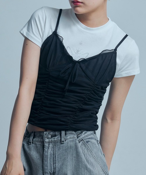led.tokyo（レッドトウキョウ）の「【led.tokyo】リボンギャザーキャミトップス（Tシャツ/カットソー・レディース・ブラック/ホワイト/ブラウン/パープル・FREE）」の3枚目の写真