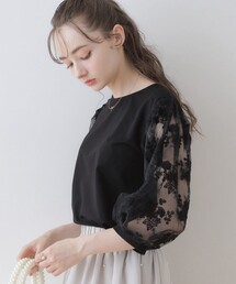 ◆【二の腕カバー・残暑の秋にも使える】袖レースドッキングカットソー