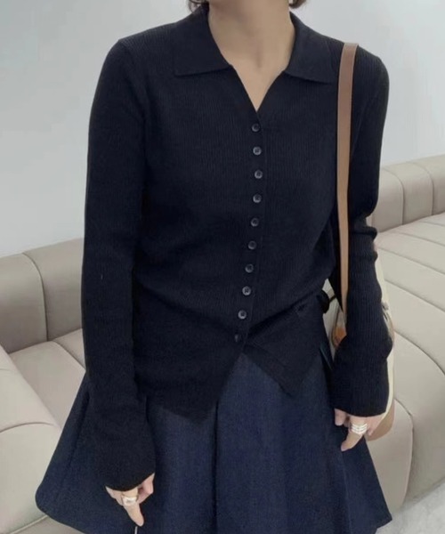 セール】襟付きリブニットカーディガン（カーディガン/ボレロ）｜Girly