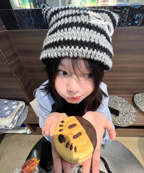 セール】リボン付き 猫耳 ネコミミ ニット帽（ニットキャップ/ビーニー