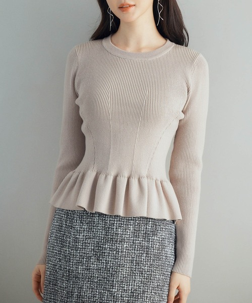 セール】ぺプラム裾クルネックニットプルオーバー（ニット/セーター