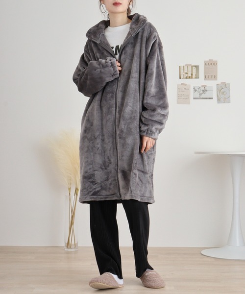 FUNALIVE（ファンアライブ）の「ニューマイヤー指穴付きジップアップローブ（ガウン/バスローブ・レディース・モカ/ネイビー/ピンク/アイボリー/チャコールグレー・FREE）」の3枚目の写真