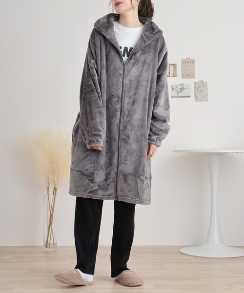 FUNALIVE（ファンアライブ）の「ニューマイヤー指穴付きジップアップローブ（ガウン/バスローブ・レディース・モカ/ネイビー/ピンク/アイボリー/チャコールグレー・FREE）」の10枚目の写真