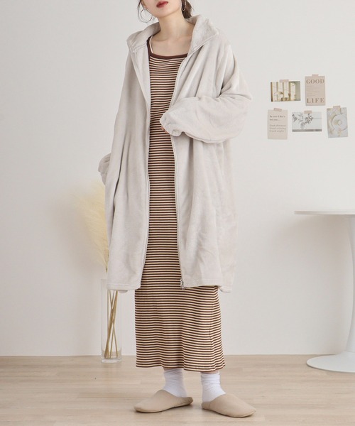 FUNALIVE（ファンアライブ）の「ニューマイヤー指穴付きジップアップローブ（ガウン/バスローブ・レディース・モカ/ネイビー/ピンク/アイボリー/チャコールグレー・FREE）」の13枚目の写真