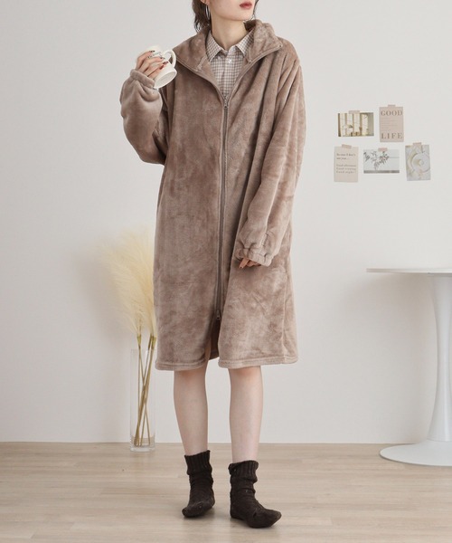 FUNALIVE（ファンアライブ）の「ニューマイヤー指穴付きジップアップローブ（ガウン/バスローブ・レディース・モカ/ネイビー/ピンク/アイボリー/チャコールグレー・FREE）」の16枚目の写真