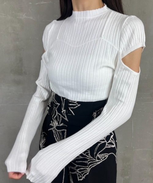 セール】袖開きデザインフェイクレイヤード見えテレコリブニット