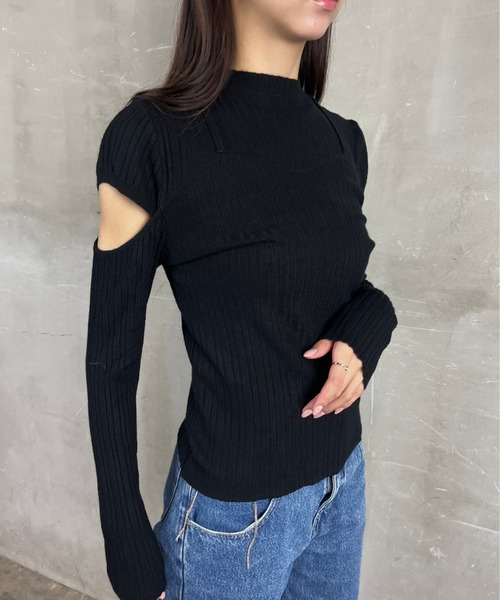 tolene(トレネ)の「袖開きデザインフェイクレイヤード見えテレコリブニット(ニット/セーター・レディース・ブラック/ホワイト・FREE)」の7枚目の写真