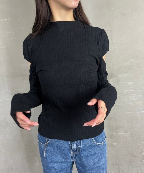tolene(トレネ)の「袖開きデザインフェイクレイヤード見えテレコリブニット(ニット/セーター・レディース・ブラック/ホワイト・FREE)」の8枚目の写真