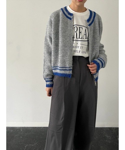 Day and Grade(デイアンドグレイド)の「【ライン入りジップニットカーディガン】Vネック ライン使い ジップアップ ニットカーディガン / ラグランスリーブ ショート丈カーデ / ストレッチ・2WAY(ニット/セーター・レディース・ホワイト系/グレー系・FREE)」の12枚目の写真