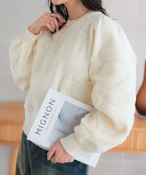 セール】薔薇柄ボリュームスリーブニットトップス（ニット/セーター