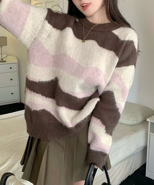 shopnikoniko(ショップニコニコ)の「マーブル ジャガードニット トップス ニュアンス クルーネック(ニット/セーター・レディース・ブラウン・フリー)」の1枚目の写真