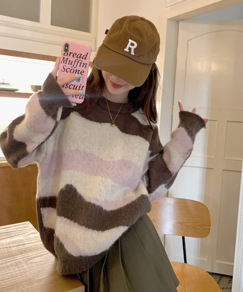 shopnikoniko(ショップニコニコ)の「マーブル ジャガードニット トップス ニュアンス クルーネック(ニット/セーター・レディース・ブラウン・フリー)」の5枚目の写真