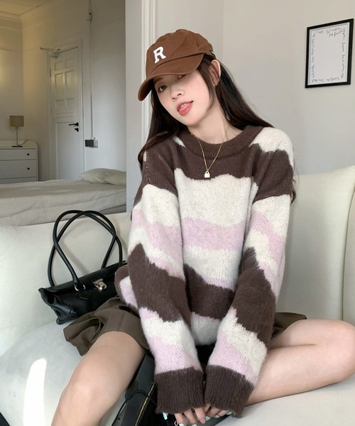shopnikoniko(ショップニコニコ)の「マーブル ジャガードニット トップス ニュアンス クルーネック(ニット/セーター・レディース・ブラウン・フリー)」の7枚目の写真