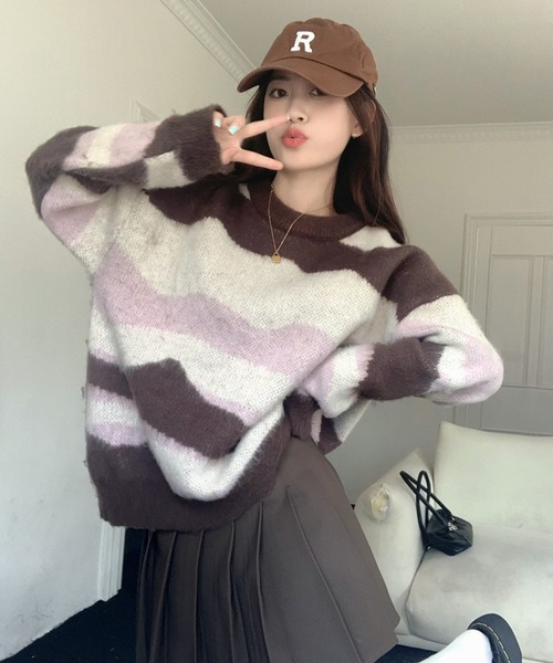 shopnikoniko(ショップニコニコ)の「マーブル ジャガードニット トップス ニュアンス クルーネック(ニット/セーター・レディース・ブラウン・フリー)」の4枚目の写真
