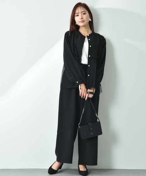 INTERPLANET（インタープラネット）の「バンドカラーパール釦袖口リボンチュール重ねブラウス（シャツ/ブラウス・レディース・オフホワイト/ブラック/サックスブルー・FREE）」の10枚目の写真