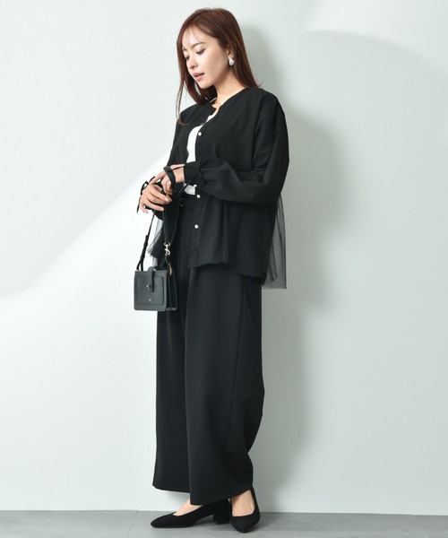 INTERPLANET（インタープラネット）の「バンドカラーパール釦袖口リボンチュール重ねブラウス（シャツ/ブラウス・レディース・オフホワイト/ブラック/サックスブルー・FREE）」の11枚目の写真