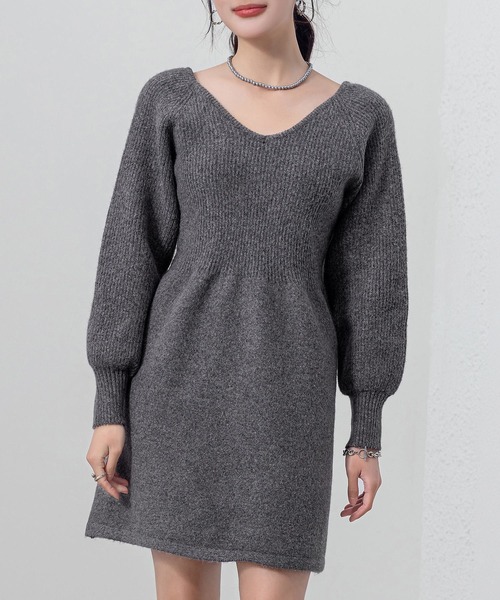 レディース 長袖バックストラップミニ丈ハイゲージ切り替えリブニットワンピース（ワンピース）｜DAY CLOSET（デイ クローゼット）