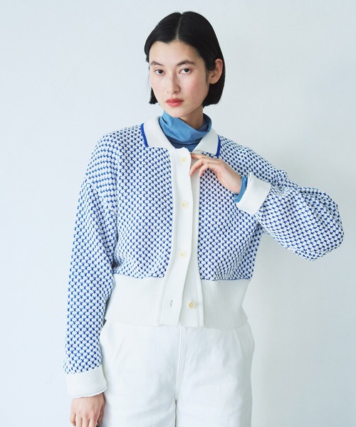 LA MARINE FRANCAISE（マリン フランセーズ）の「バイカラー模様編みカーディガン（カーディガン/ボレロ・レディース・ネイビー/グレー/ホワイト・FREE）」の2枚目の写真