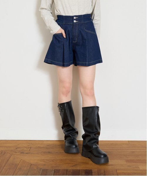 東京トガリ 肩紐つきデニムキュロット セール】美脚見えタックフレアデニムキュロット（デニムパンツ