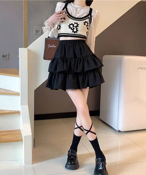 Lace Ladies(レースレディース)の「ハイウエスト ティアード フリル ミニ スカート(スカート・レディース・ブラック/ホワイト・S/M/L/XL)」の7枚目の写真