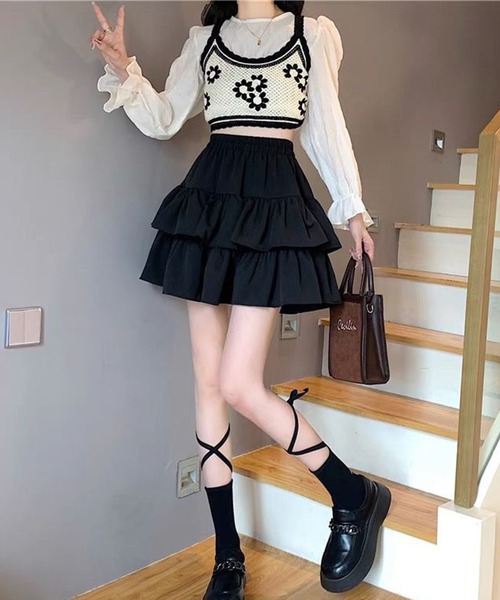 Lace Ladies(レースレディース)の「ハイウエスト ティアード フリル ミニ スカート(スカート・レディース・ブラック/ホワイト・S/M/L/XL)」の8枚目の写真