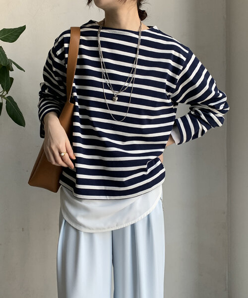 DouDou（ドゥドゥ）の「【WEB限定】 ボートネックボーダーTEE（Tシャツ/カットソー・レディース・ベージュ/ネイビー/オフホワイト・FREE）」の3枚目の写真