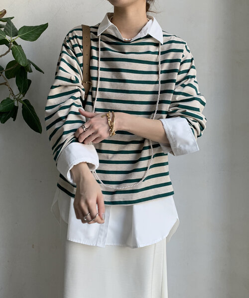 DouDou（ドゥドゥ）の「【WEB限定】 ボートネックボーダーTEE（Tシャツ/カットソー・レディース・ベージュ/ネイビー/オフホワイト・FREE）」の22枚目の写真