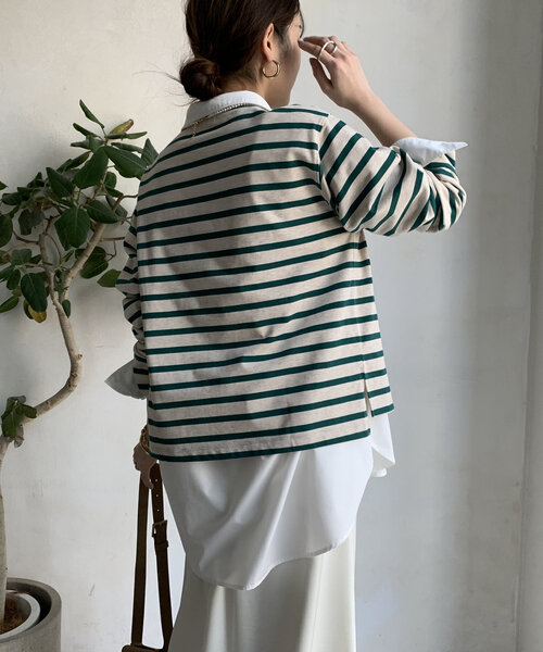 DouDou（ドゥドゥ）の「【WEB限定】 ボートネックボーダーTEE（Tシャツ/カットソー・レディース・ベージュ/ネイビー/オフホワイト・FREE）」の21枚目の写真