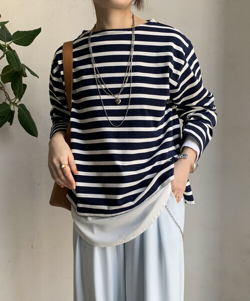 DouDou（ドゥドゥ）の「【WEB限定】 ボートネックボーダーTEE（Tシャツ/カットソー・レディース・ベージュ/ネイビー/オフホワイト・FREE）」の15枚目の写真