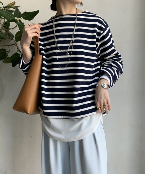 DouDou（ドゥドゥ）の「【WEB限定】 ボートネックボーダーTEE（Tシャツ/カットソー・レディース・ベージュ/ネイビー/オフホワイト・FREE）」の14枚目の写真