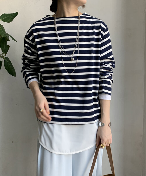 DouDou（ドゥドゥ）の「【WEB限定】 ボートネックボーダーTEE（Tシャツ/カットソー・レディース・ベージュ/ネイビー/オフホワイト・FREE）」の13枚目の写真