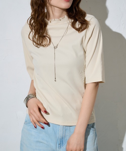 TRIANGLE PALETTE(トライアングルパレット)の「モックネック5分袖トップス(Tシャツ/カットソー・レディース・ピンク/グリーン/ホワイト/ブラック/アイボリー/チャコールグレー・FREE)」の8枚目の写真