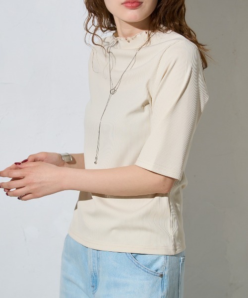 TRIANGLE PALETTE(トライアングルパレット)の「モックネック5分袖トップス(Tシャツ/カットソー・レディース・ピンク/グリーン/ホワイト/ブラック/アイボリー/チャコールグレー・FREE)」の11枚目の写真