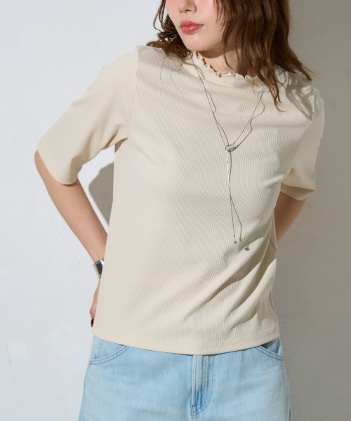 TRIANGLE PALETTE(トライアングルパレット)の「モックネック5分袖トップス(Tシャツ/カットソー・レディース・ピンク/グリーン/ホワイト/ブラック/アイボリー/チャコールグレー・FREE)」の12枚目の写真