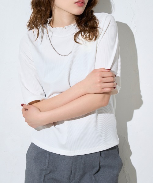 TRIANGLE PALETTE(トライアングルパレット)の「モックネック5分袖トップス(Tシャツ/カットソー・レディース・ピンク/グリーン/ホワイト/ブラック/アイボリー/チャコールグレー・FREE)」の22枚目の写真